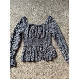 Japna Women's Floral Smocked Top Long Sleeve Stretch Blue Size Medium